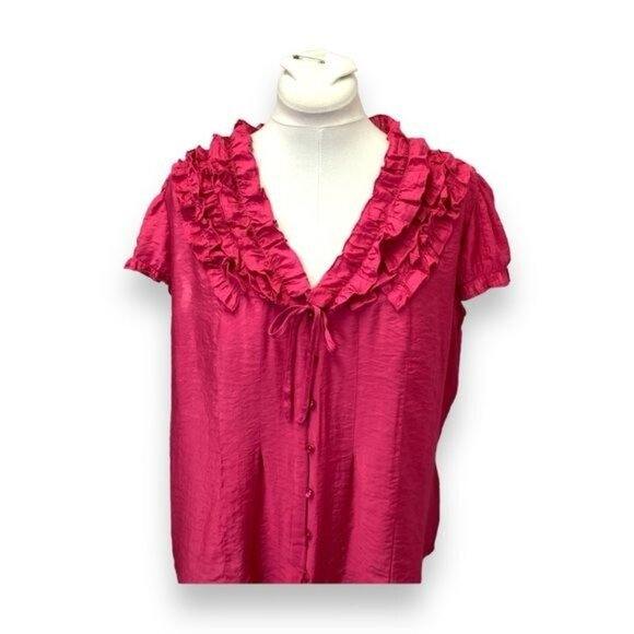Millenium Women’s Cap Sleeve Button Down Ruffle Neck Shirt, Pink, size 2X - Picture 2 of 6